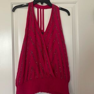 VENUS BEAUTIFUL BEADED RUCHED WAIST V-NECK TOP EXCELLENT CONDITION